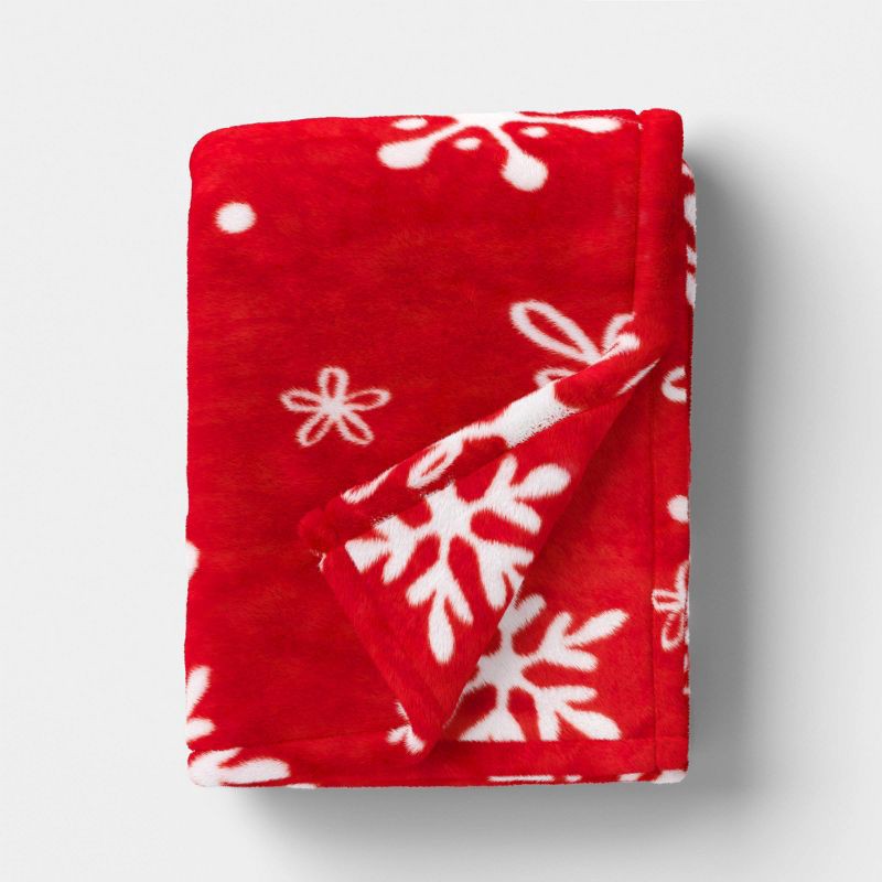 slide 1 of 5, Christmas Snowflake Plush Throw Blanket Red/White - Wondershop™, 1 ct