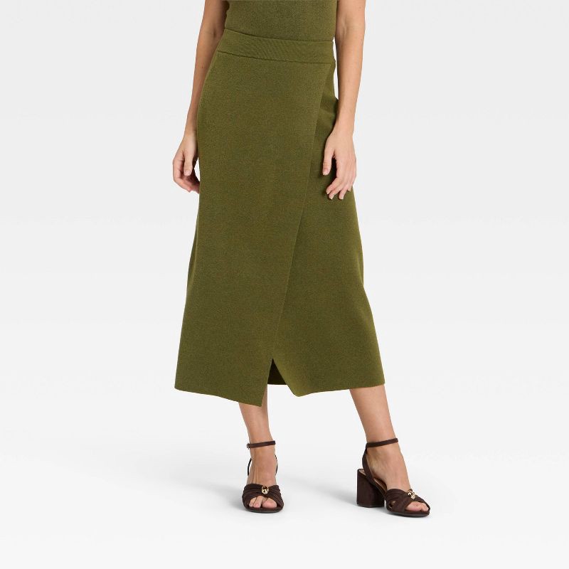 slide 1 of 3, Women's Wrap Column Midi Skirt - A New Day™ Olive M, 1 ct