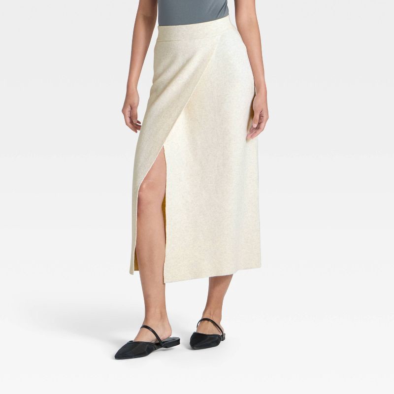 slide 1 of 3, Women's Wrap Column Midi Skirt - A New Day™ Oatmeal M, 1 ct
