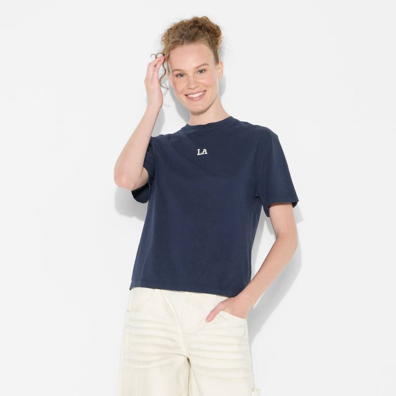 slide 2 of 4, Women's Short Sleeve Crewneck Graphic T-Shirt - Wild Fable™ Navy Blue Letters XL, 1 ct