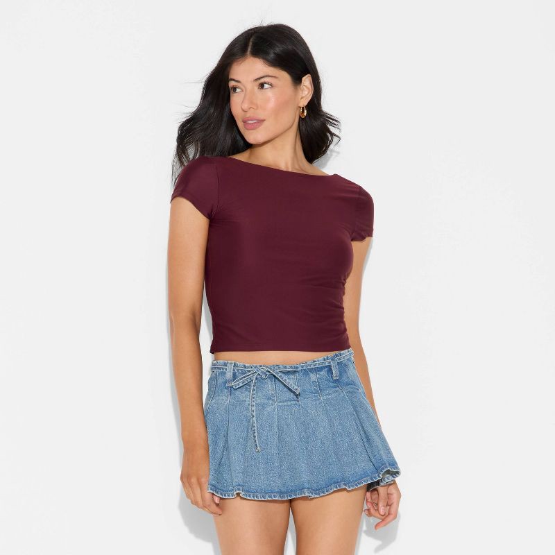 slide 3 of 4, Women's Short Sleeve Boatneck Synthetic T-Shirt - Wild Fable™ Burgundy M, 1 ct