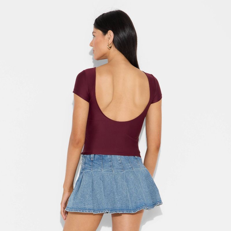 slide 2 of 4, Women's Short Sleeve Boatneck Synthetic T-Shirt - Wild Fable™ Burgundy M, 1 ct