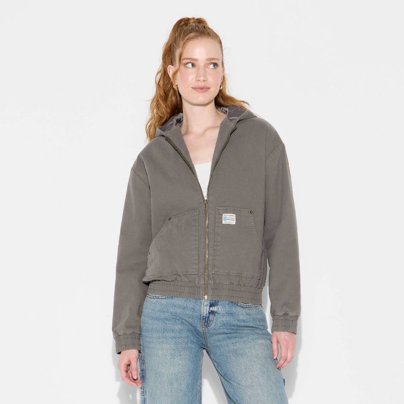 slide 2 of 3, Women's Canvas Hooded Utility Jacket - Wild Fable™ Gray S, 1 ct
