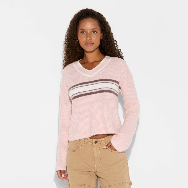 slide 2 of 3, Women's V-Neck Pullover Sweater - Wild Fable™ Light Pink Rugby Striped M, 1 ct