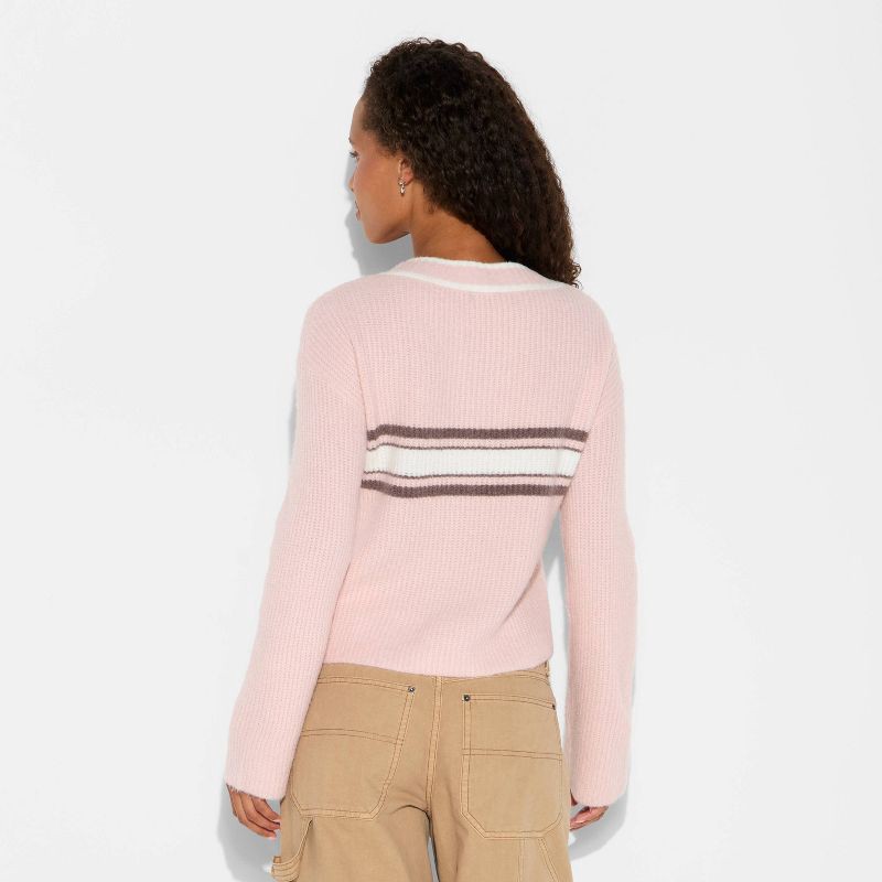 slide 3 of 3, Women's V-Neck Pullover Sweater - Wild Fable™ Light Pink Rugby Striped M, 1 ct