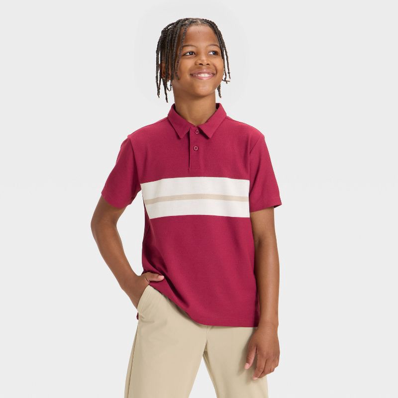slide 1 of 3, Boys' Printed Striped Polo Shirt - All In Motion™ Red XL, 1 ct
