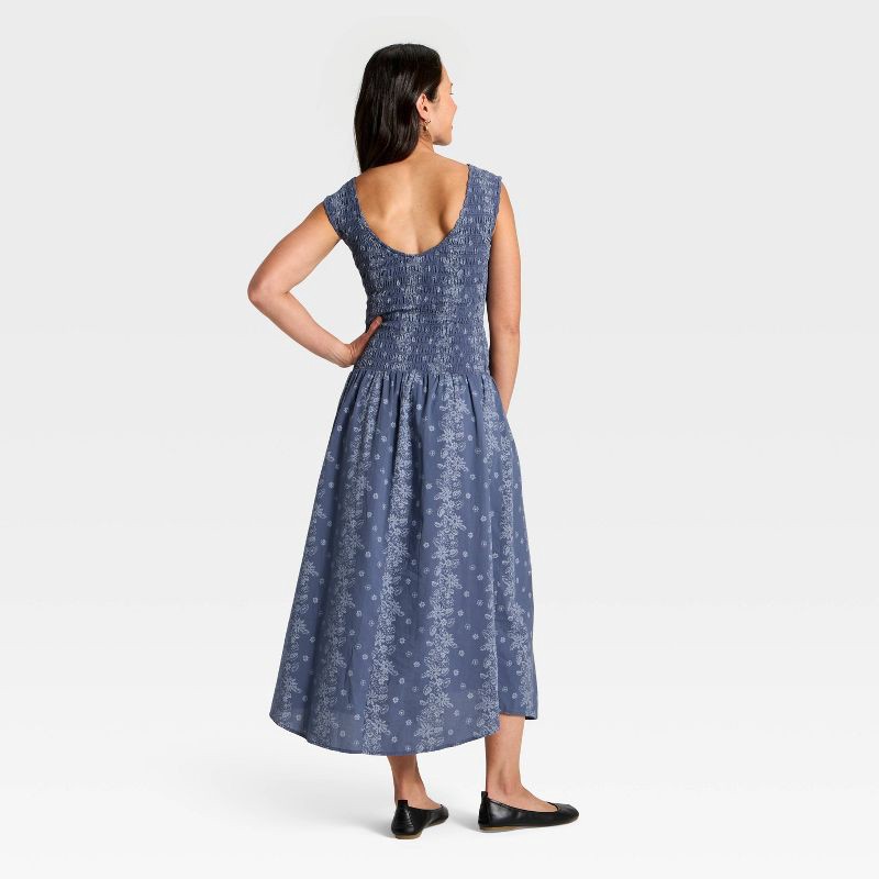 slide 2 of 3, Women's Smocked Midi A-Line Dress - Universal Thread™ Blue Floral S, 1 ct