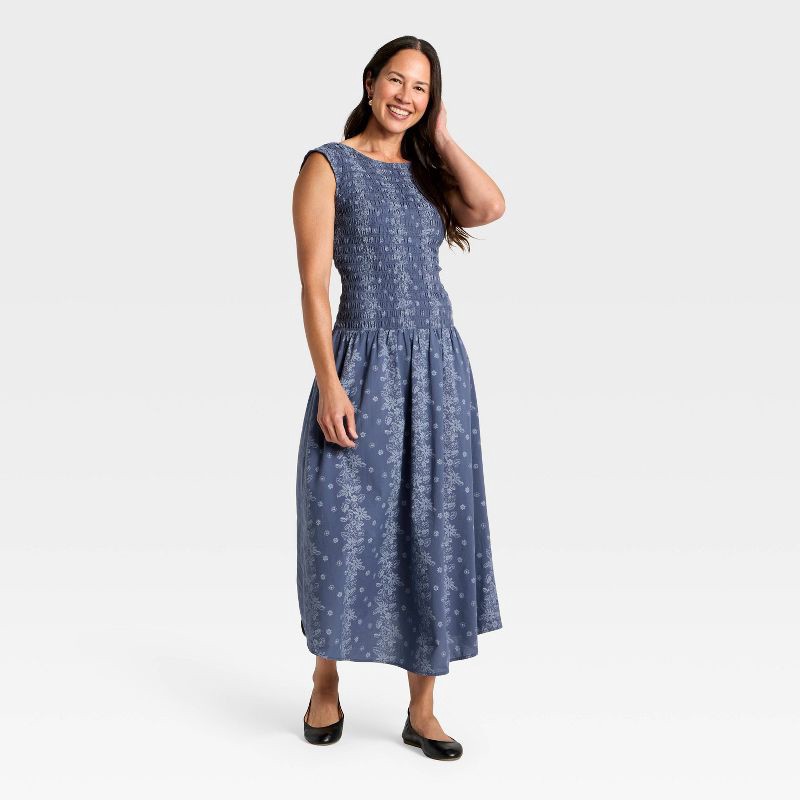 slide 1 of 3, Women's Smocked Midi A-Line Dress - Universal Thread™ Blue Floral S, 1 ct