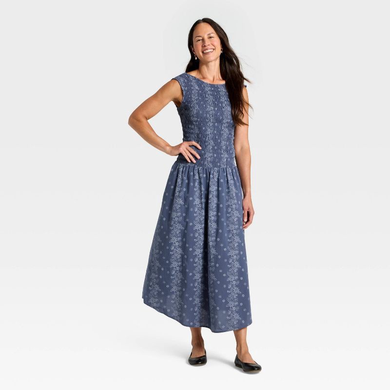slide 3 of 3, Women's Smocked Midi A-Line Dress - Universal Thread™ Blue Floral S, 1 ct