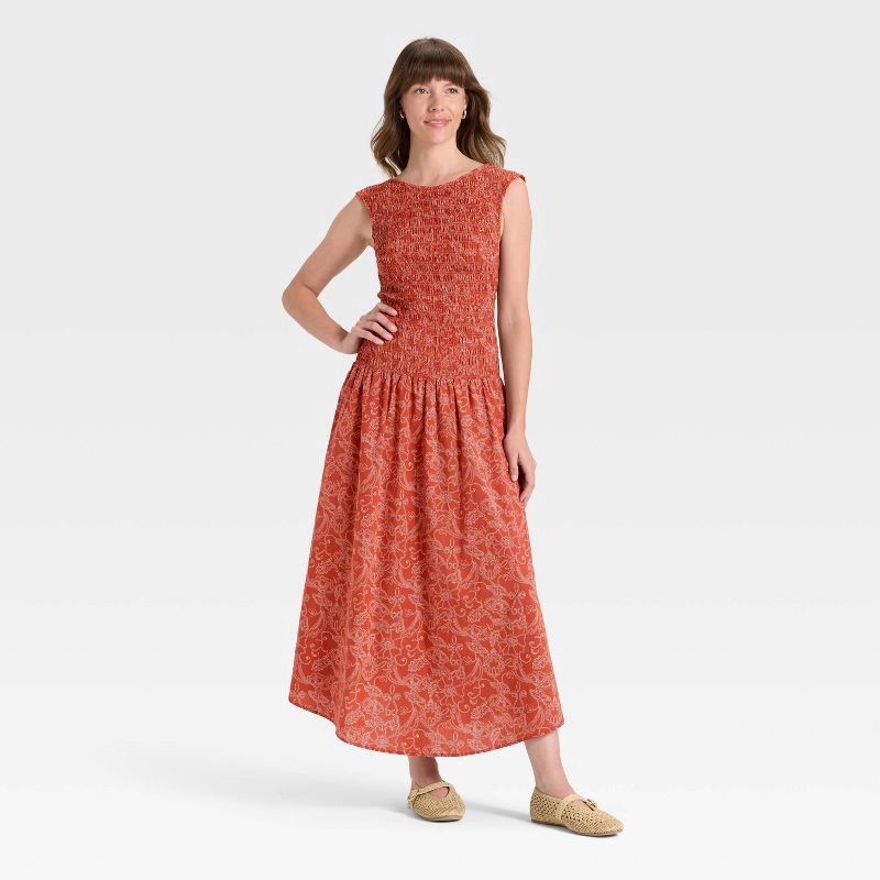 slide 1 of 3, Women's Smocked Midi A-Line Dress - Universal Thread™ Rust Floral M, 1 ct