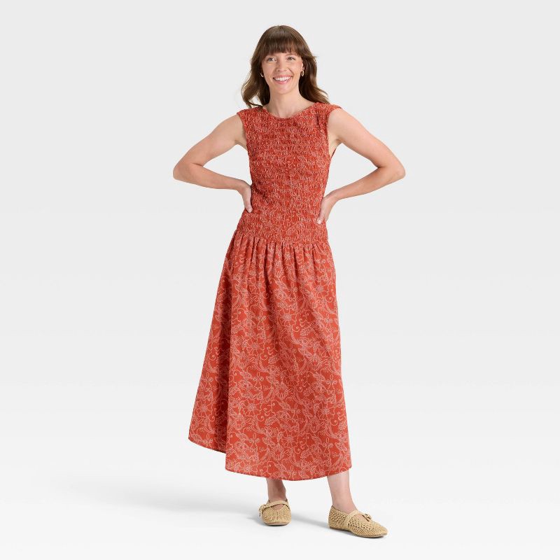 slide 2 of 3, Women's Smocked Midi A-Line Dress - Universal Thread™ Rust Floral XL, 1 ct