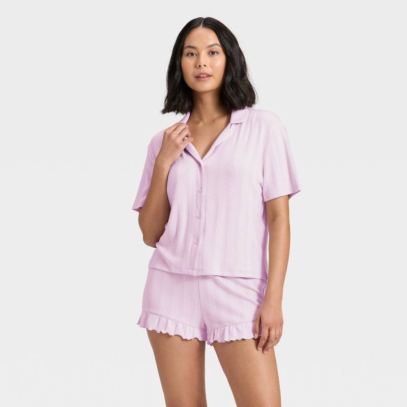 slide 1 of 5, Women's Pointelle Notch Collar Shirt and Shorts Pajama Set - Wild Fable™ Purple S, 1 ct