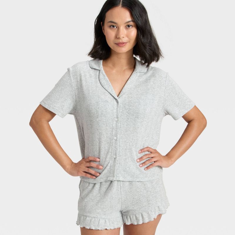 slide 3 of 5, Women's Pointelle Notch Collar Shirt and Shorts Pajama Set - Wild Fable™ Gray XS, 1 ct