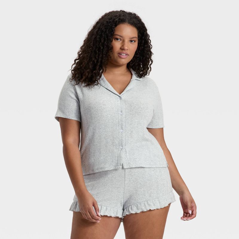slide 4 of 5, Women's Pointelle Notch Collar Shirt and Shorts Pajama Set - Wild Fable™ Gray XS, 1 ct