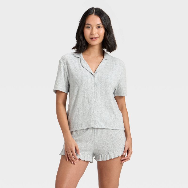 slide 1 of 5, Women's Pointelle Notch Collar Shirt and Shorts Pajama Set - Wild Fable™ Gray XS, 1 ct
