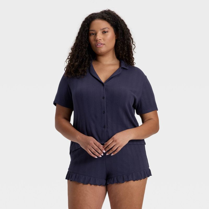 slide 4 of 5, Women's Pointelle Notch Collar Shirt and Shorts Pajama Set - Wild Fable™ Navy XXL, 1 ct
