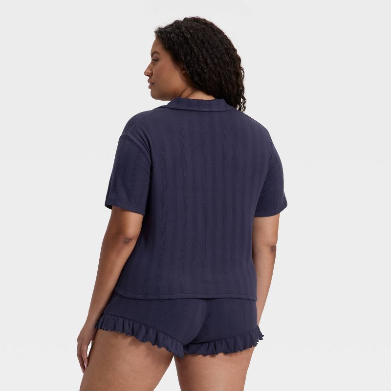 slide 5 of 5, Women's Pointelle Notch Collar Shirt and Shorts Pajama Set - Wild Fable™ Navy XXL, 1 ct