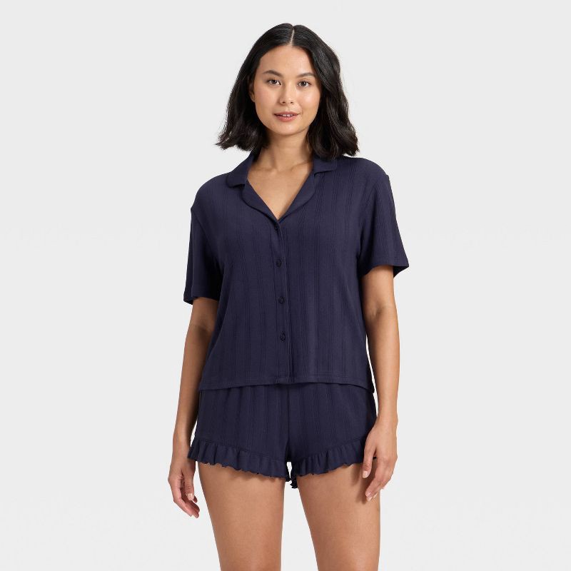 slide 1 of 5, Women's Pointelle Notch Collar Shirt and Shorts Pajama Set - Wild Fable™ Navy XXL, 1 ct