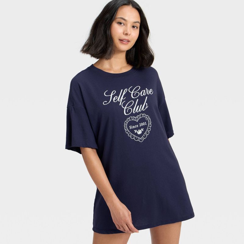 slide 3 of 5, Women's Graphic Oversized T-Shirt Sleep Dress - Wild Fable™ Navy L, 1 ct
