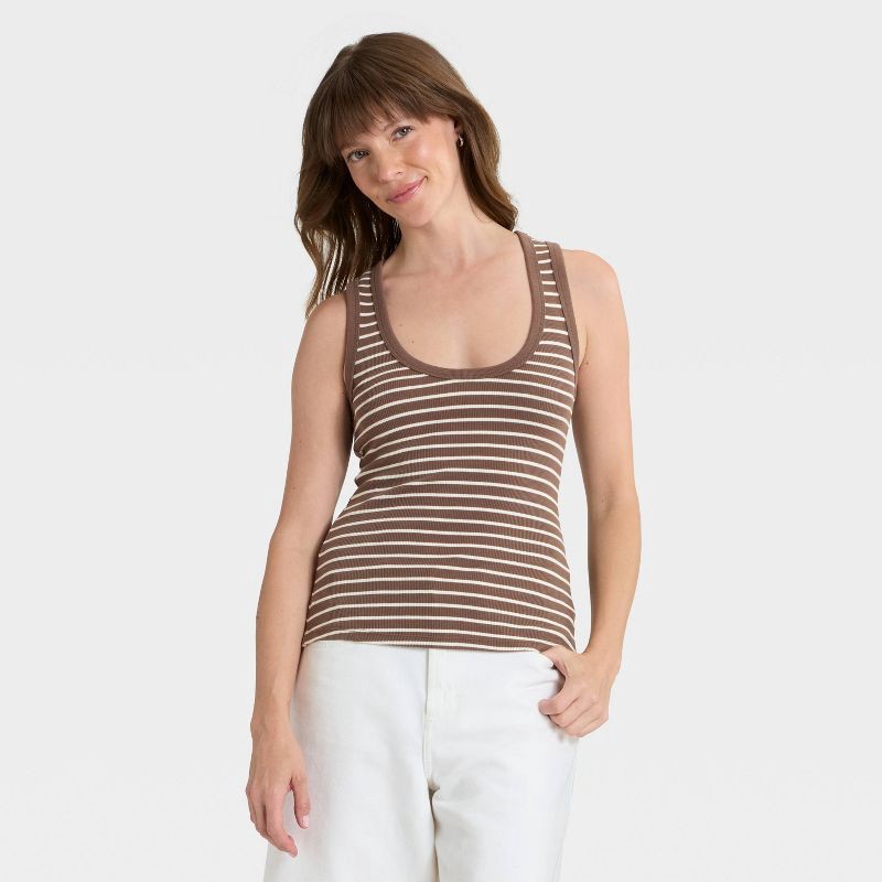 slide 1 of 4, Women's Slim Fit Tank Top - Universal Thread™ Brown Striped M, 1 ct