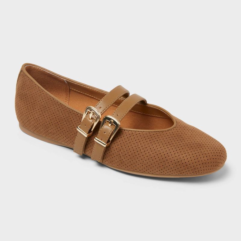 slide 1 of 3, Women's Henrietta Double Strap Mary Jane Flats with Memory Foam Insole – Universal Thread™ Taupe 11, 1 ct
