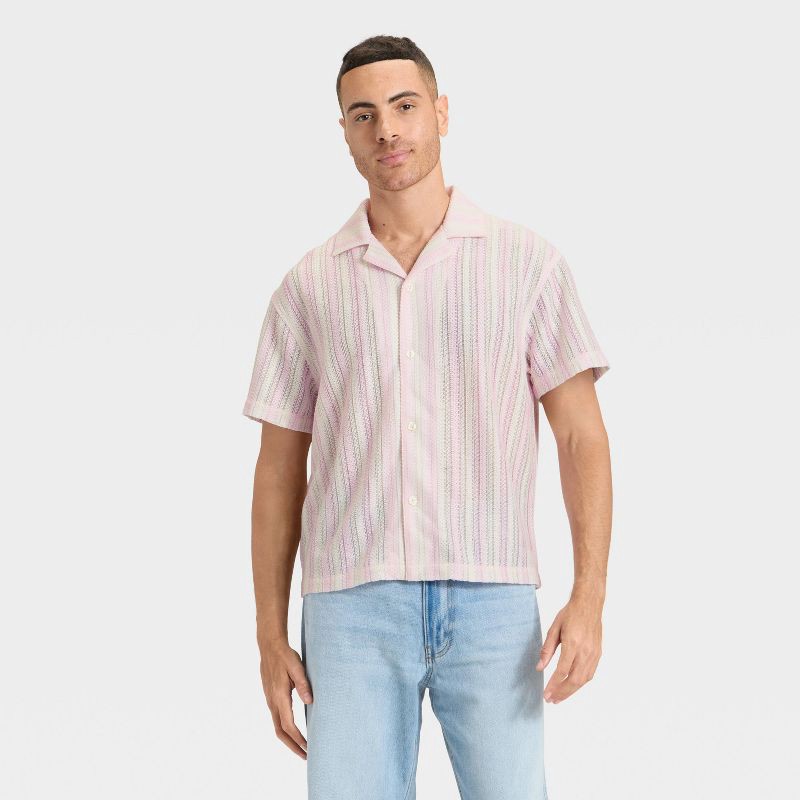 slide 2 of 3, Men's Knit Open Weave Camp Shirt - Original Use™ Pink Striped M, 1 ct