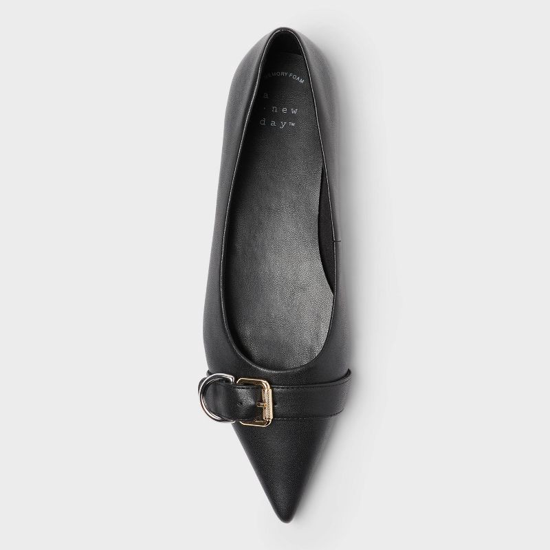 slide 3 of 4, Women's Valentina Pointed Toe Buckle Ballet Flats with Memory Foam Insole – A New day™ Black 9: Medium Width, Pull-On Style, 1 ct