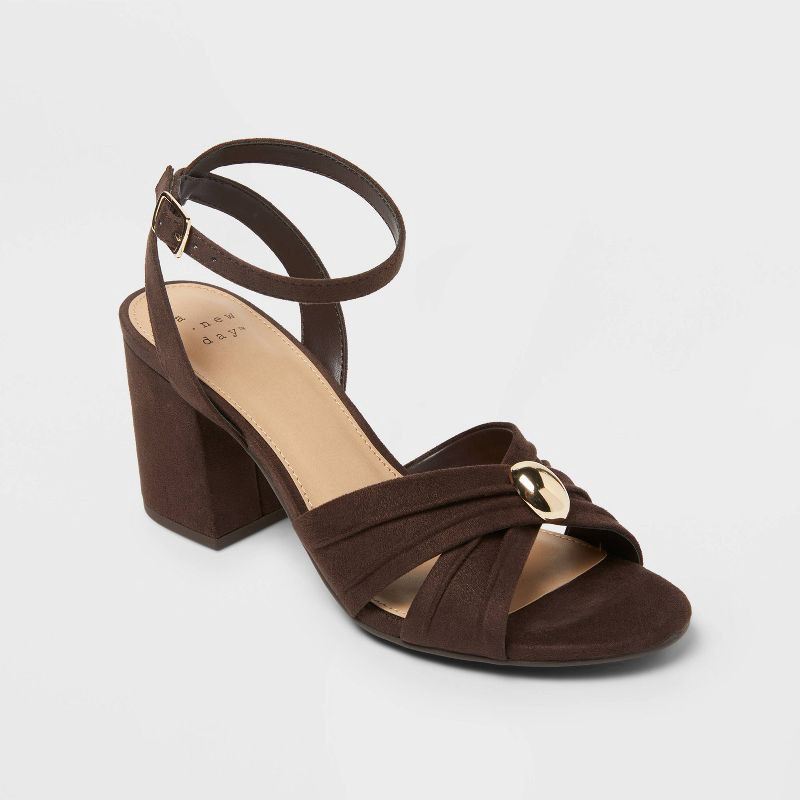 slide 1 of 4, Women's Bibi Strappy Peep Toe Heels – A New Day™ Brown 7, 1 ct