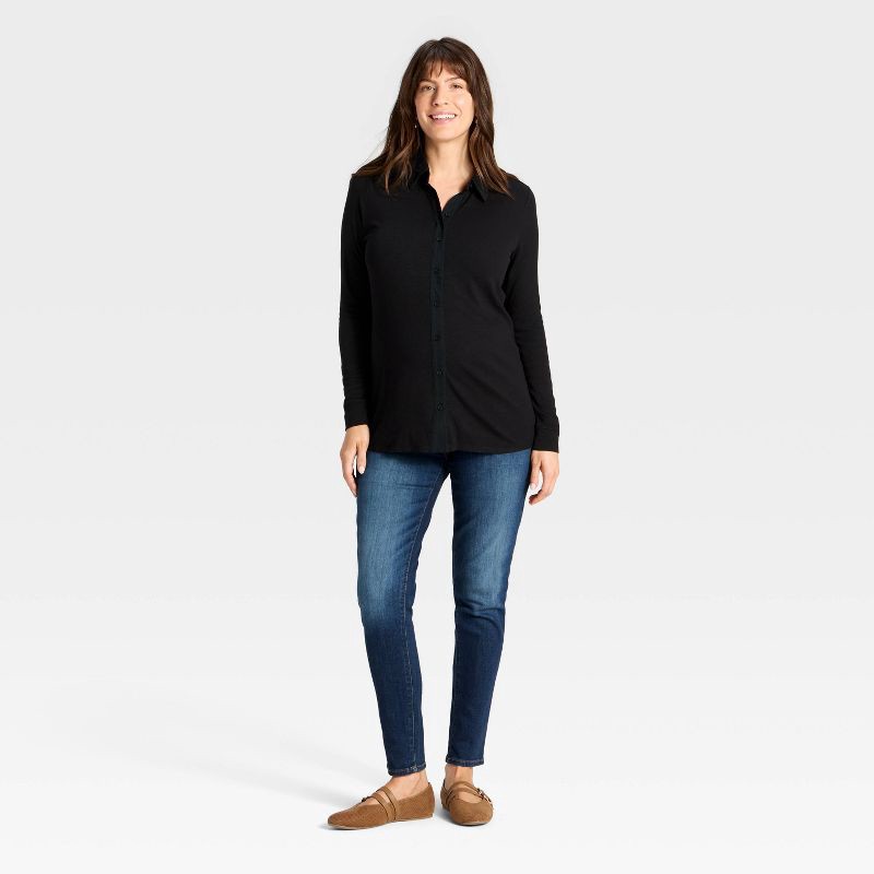 slide 3 of 3, Long Sleeve Collared Neck Ribbed Maternity Button-Down Shirt - Isabel Maternity by Ingrid & Isabel™ Black XL, 1 ct