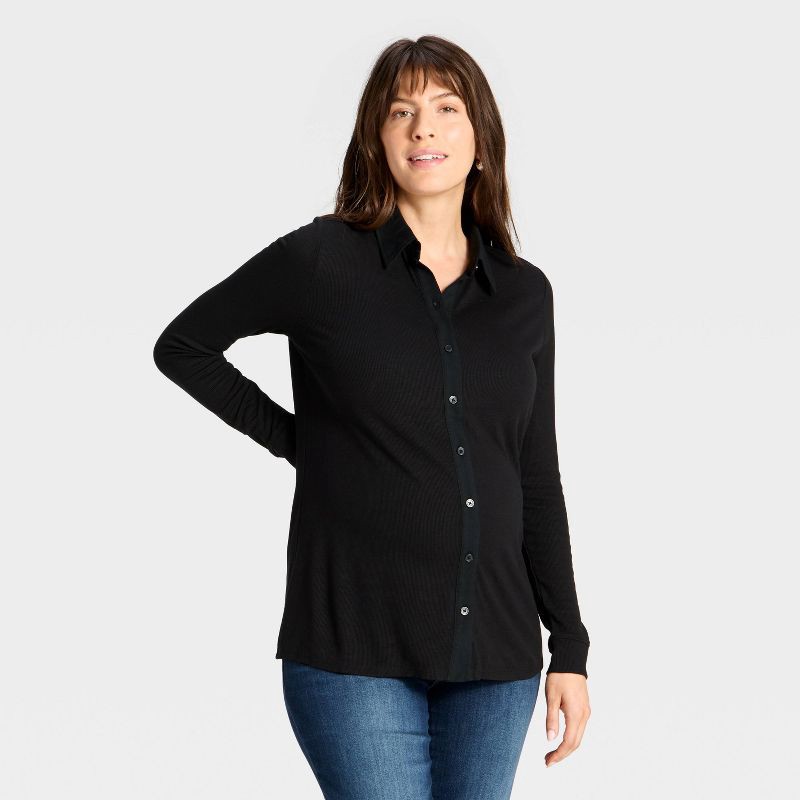 slide 1 of 3, Long Sleeve Collared Neck Ribbed Maternity Button-Down Shirt - Isabel Maternity by Ingrid & Isabel™ Black XL, 1 ct