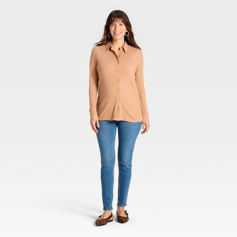 slide 3 of 3, Long Sleeve Collared Neck Ribbed Maternity Button-Down Shirt - Isabel Maternity by Ingrid & Isabel™ Tan S, 1 ct