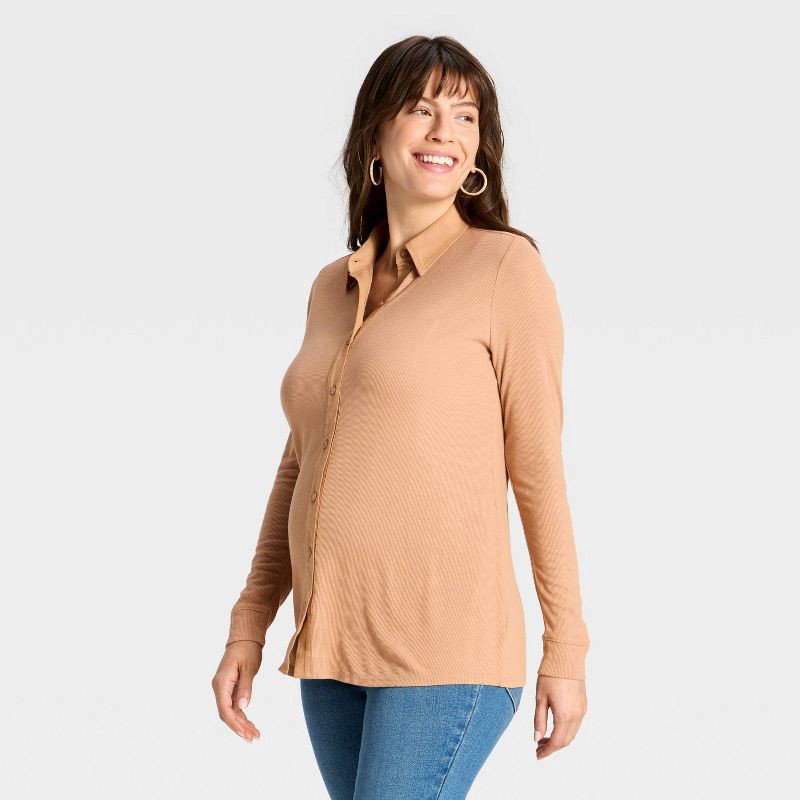 slide 1 of 3, Long Sleeve Collared Neck Ribbed Maternity Button-Down Shirt - Isabel Maternity by Ingrid & Isabel™ Tan XL, 1 ct