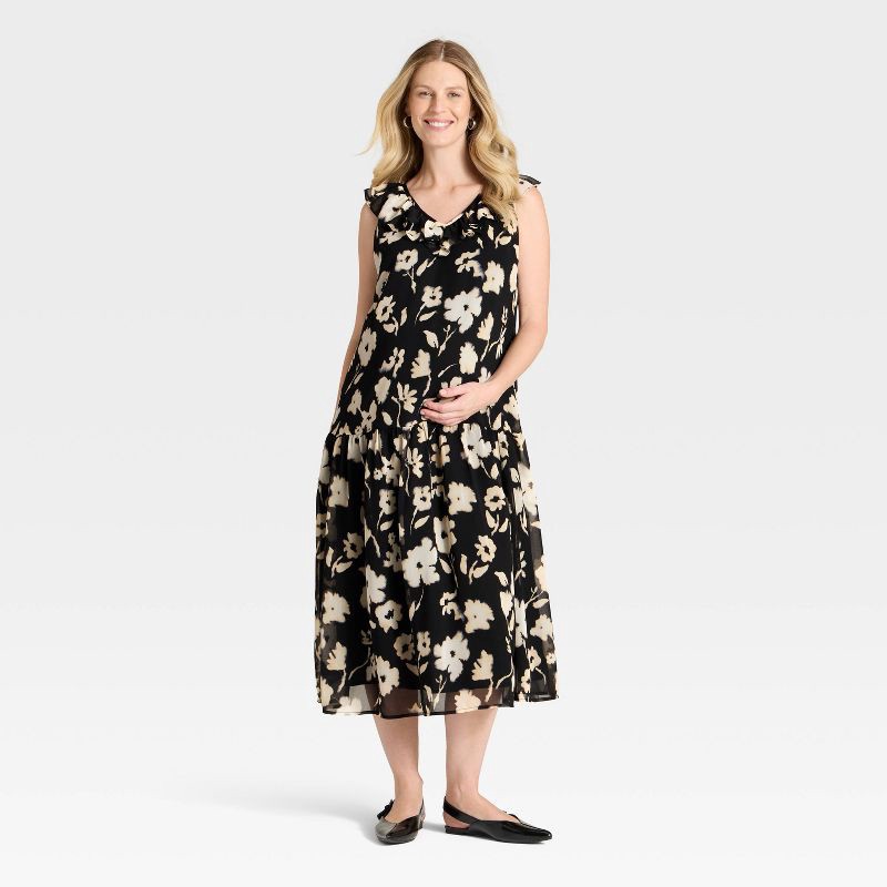 slide 2 of 3, Flutter Short Sleeve Drop Waist Maxi Maternity Dress - Isabel Maternity by Ingrid & Isabel™ Black/Cream Floral M, 1 ct