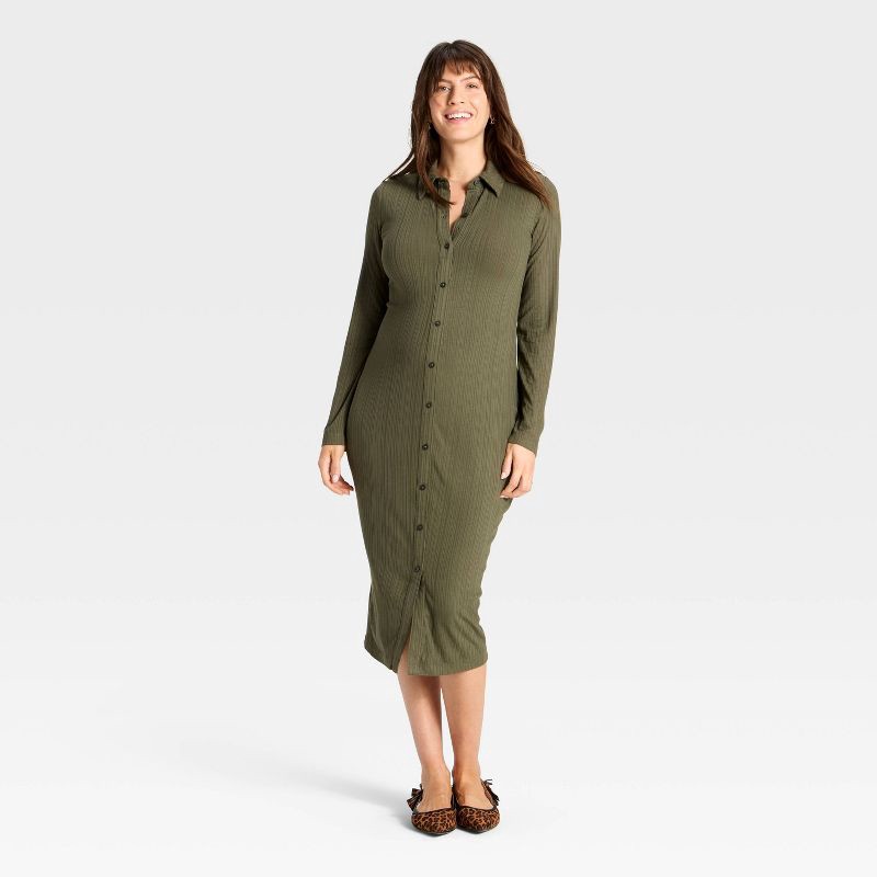 slide 3 of 3, Long Sleeve Ribbed Midi Maternity A-Line Dress - Isabel Maternity by Ingrid & Isabel™ Olive Green M, 1 ct
