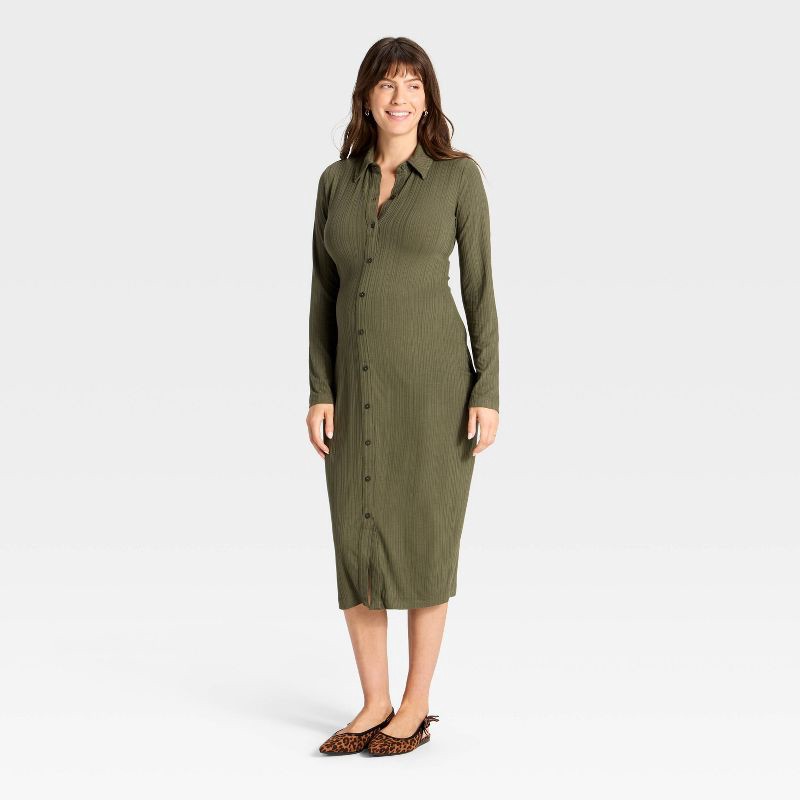 slide 1 of 3, Long Sleeve Ribbed Midi Maternity A-Line Dress - Isabel Maternity by Ingrid & Isabel™ Olive Green M, 1 ct