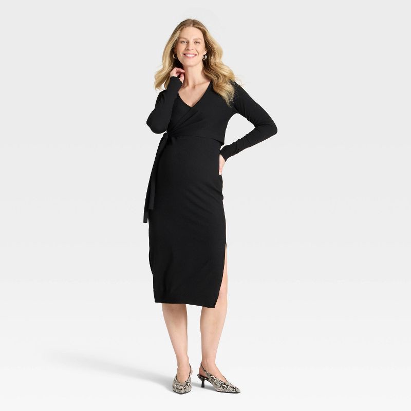 slide 3 of 3, Long Sleeve Wrap Midi Maternity Sweater Dress - Isabel Maternity by Ingrid & Isabel™ Black XL, 1 ct