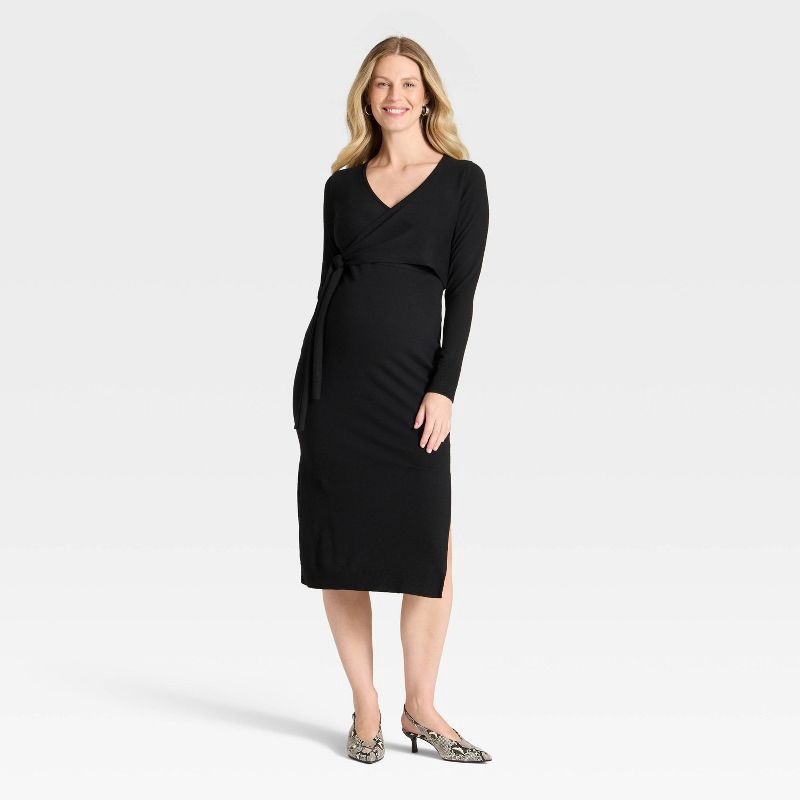 slide 1 of 3, Long Sleeve Wrap Midi Maternity Sweater Dress - Isabel Maternity by Ingrid & Isabel™ Black XL, 1 ct