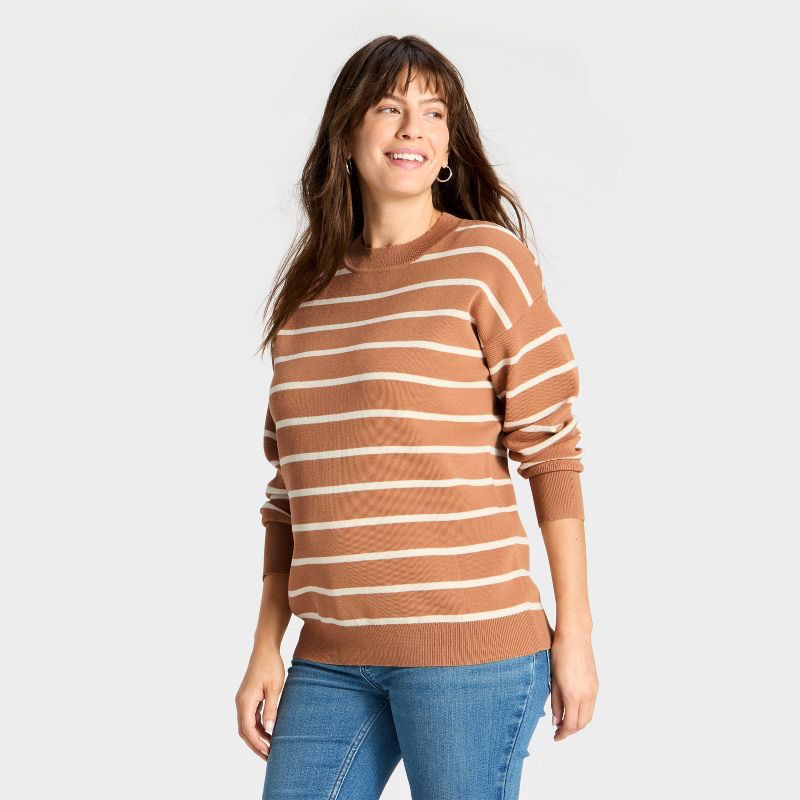 slide 1 of 3, Crewneck Essential Maternity Pullover Sweater - Isabel Maternity by Ingrid & Isabel™ Tan/Cream Striped M, 1 ct