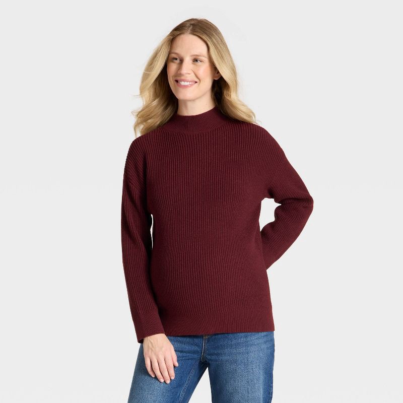 slide 1 of 3, Mock Turtleneck Tunic Maternity Pullover Sweater - Isabel Maternity by Ingrid & Isabel™ Burgundy L, 1 ct