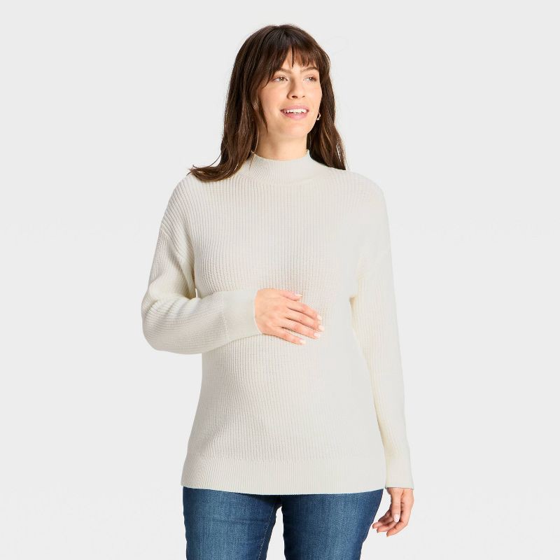 slide 1 of 3, Mock Turtleneck Tunic Maternity Pullover Sweater - Isabel Maternity by Ingrid & Isabel™ Cream XS, 1 ct