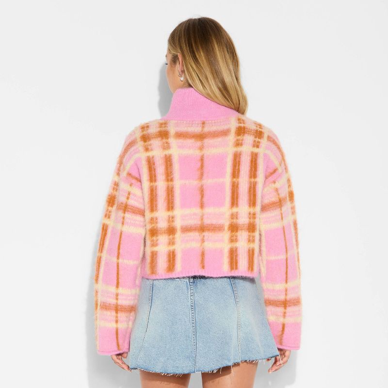slide 3 of 3, Women's Full Zip Mock Turtleneck Cardigan - Wild Fable™ Pink Plaid M, 1 ct