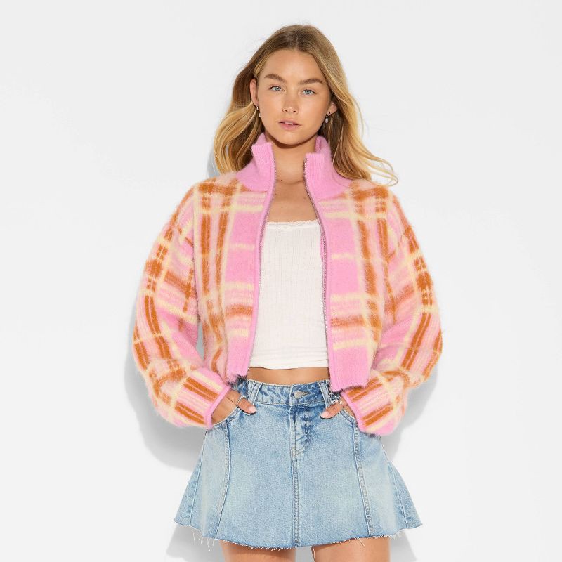 slide 2 of 3, Women's Full Zip Mock Turtleneck Cardigan - Wild Fable™ Pink Plaid L, 1 ct
