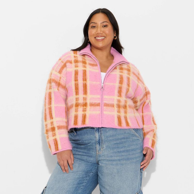 slide 2 of 3, Women's Full Zip Mock Turtleneck Cardigan - Wild Fable™ Pink Plaid XXL, 1 ct