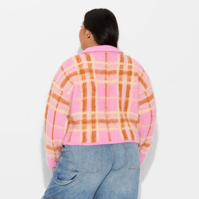slide 3 of 3, Women's Full Zip Mock Turtleneck Cardigan - Wild Fable™ Pink Plaid XXL, 1 ct
