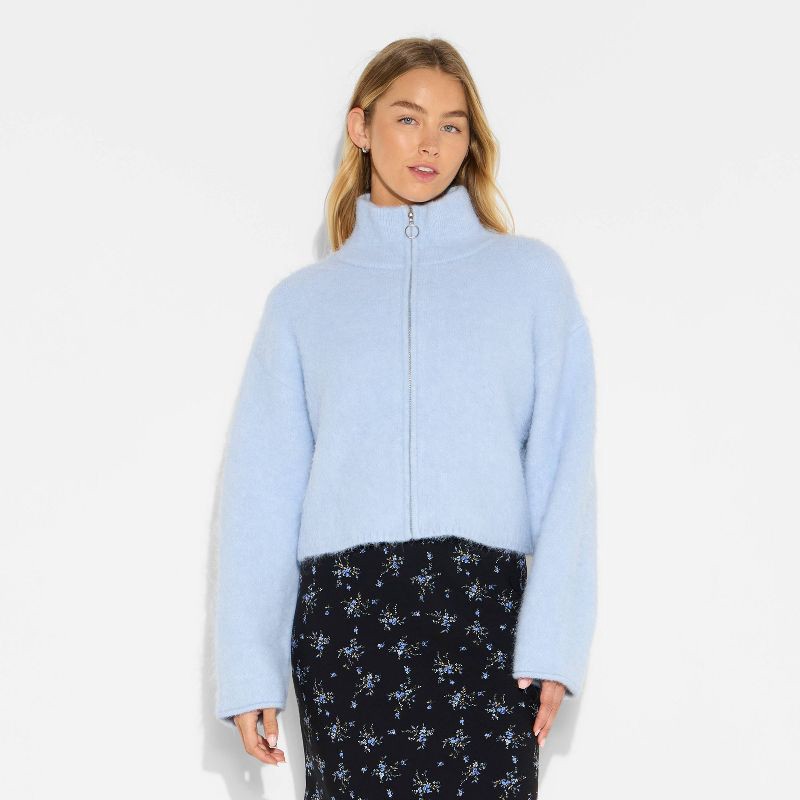 slide 2 of 3, Women's Full Zip Mock Turtleneck Cardigan - Wild Fable™ Light Blue XXS, 1 ct