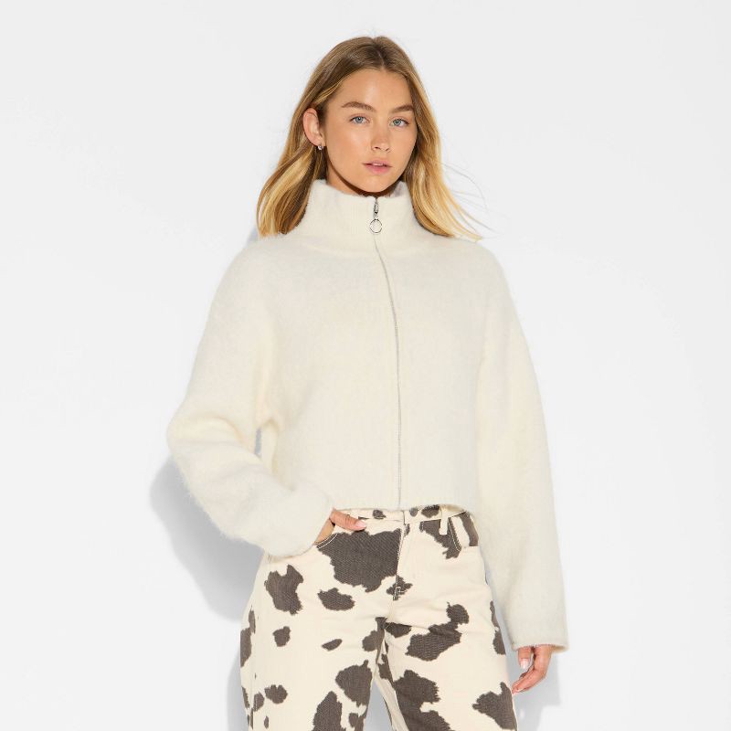 slide 2 of 3, Women's Full Zip Mock Turtleneck Cardigan - Wild Fable™ Off-White L, 1 ct