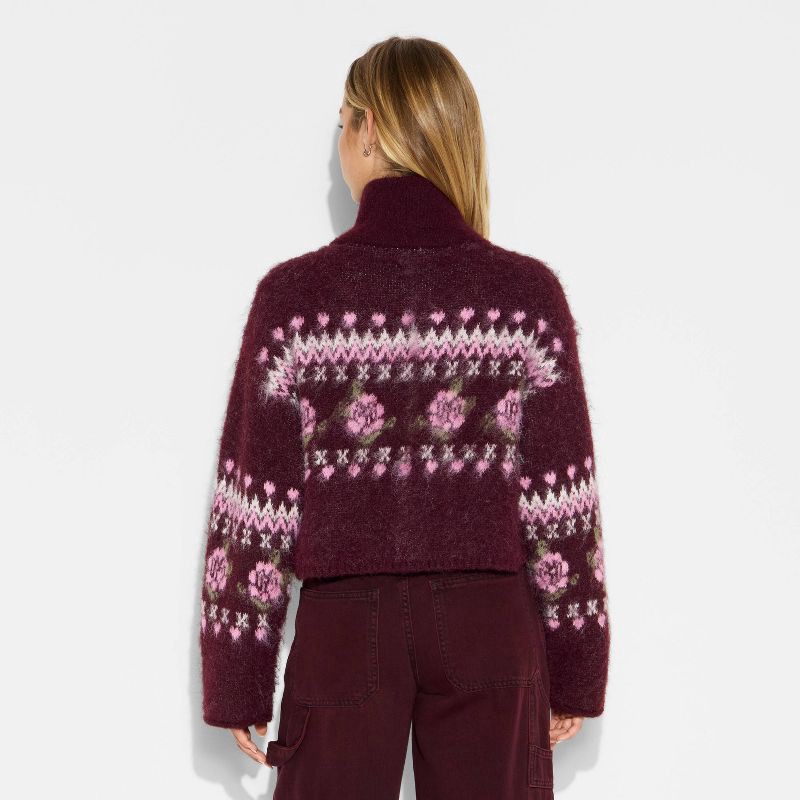 slide 3 of 3, Women's Full Zip Mock Turtleneck Cardigan - Wild Fable™ Burgundy Floral XL, 1 ct