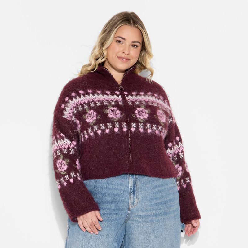 slide 2 of 3, Women's Full Zip Mock Turtleneck Cardigan - Wild Fable™ Burgundy Floral XXL, 1 ct