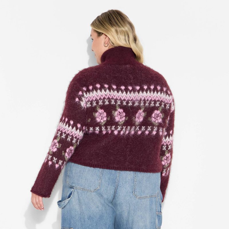 slide 3 of 3, Women's Full Zip Mock Turtleneck Cardigan - Wild Fable™ Burgundy Floral XXL, 1 ct
