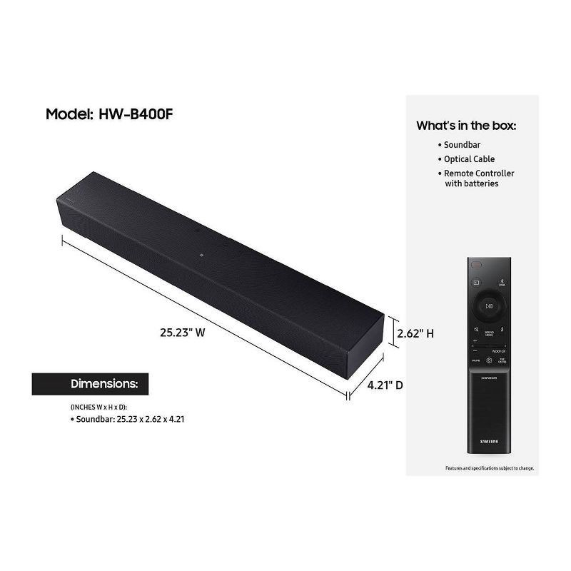 slide 5 of 10, Samsung 2.0Ch Soundbar with Built-in Woofer - Titan Black (HW-B400F), 1 ct